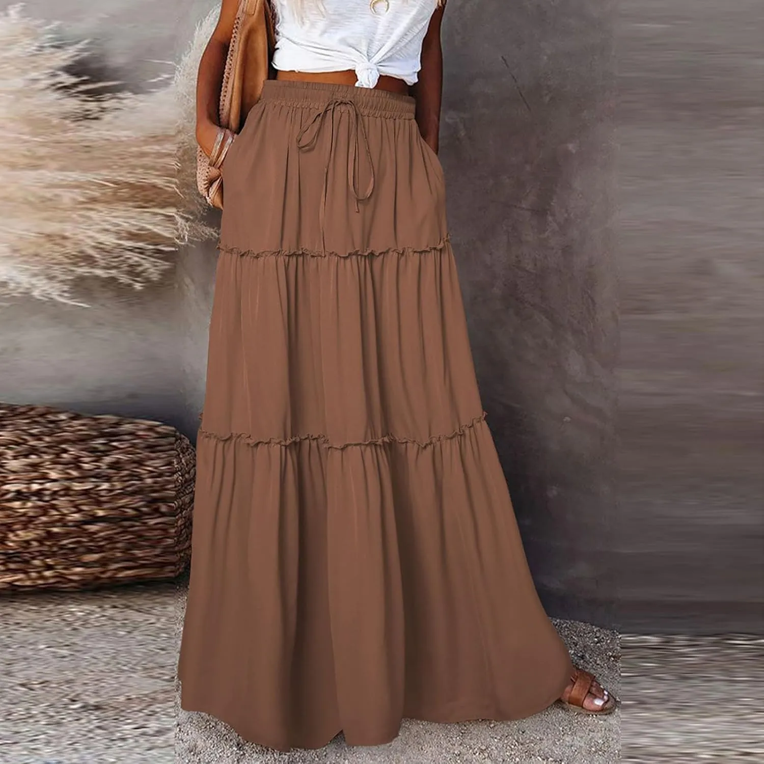 Womens 2025 Summer Long Maxi Skirt Loose Trendy Pleated Tie Knot Elastic High Waisted Flowy Casual A Line Skirts