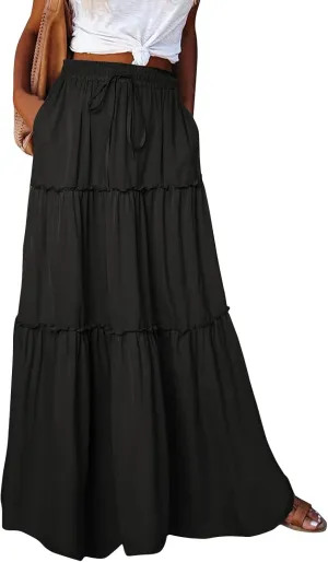Womens 2025 Summer Long Maxi Skirt Loose Trendy Pleated Tie Knot Elastic High Waisted Flowy Casual A Line Skirts