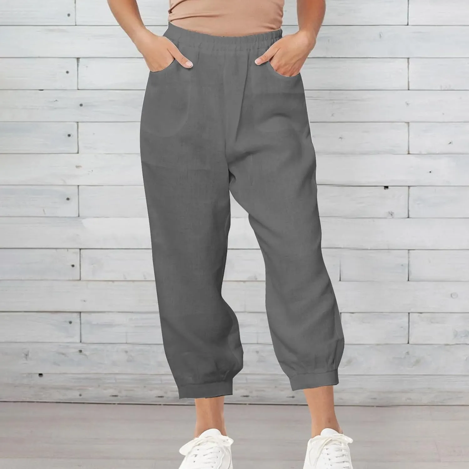 Womens Casual Cotton Linen Pants Lightweight Summer Relax Fit Elastic Waist Solid Color Lounge Trousers with Pockets