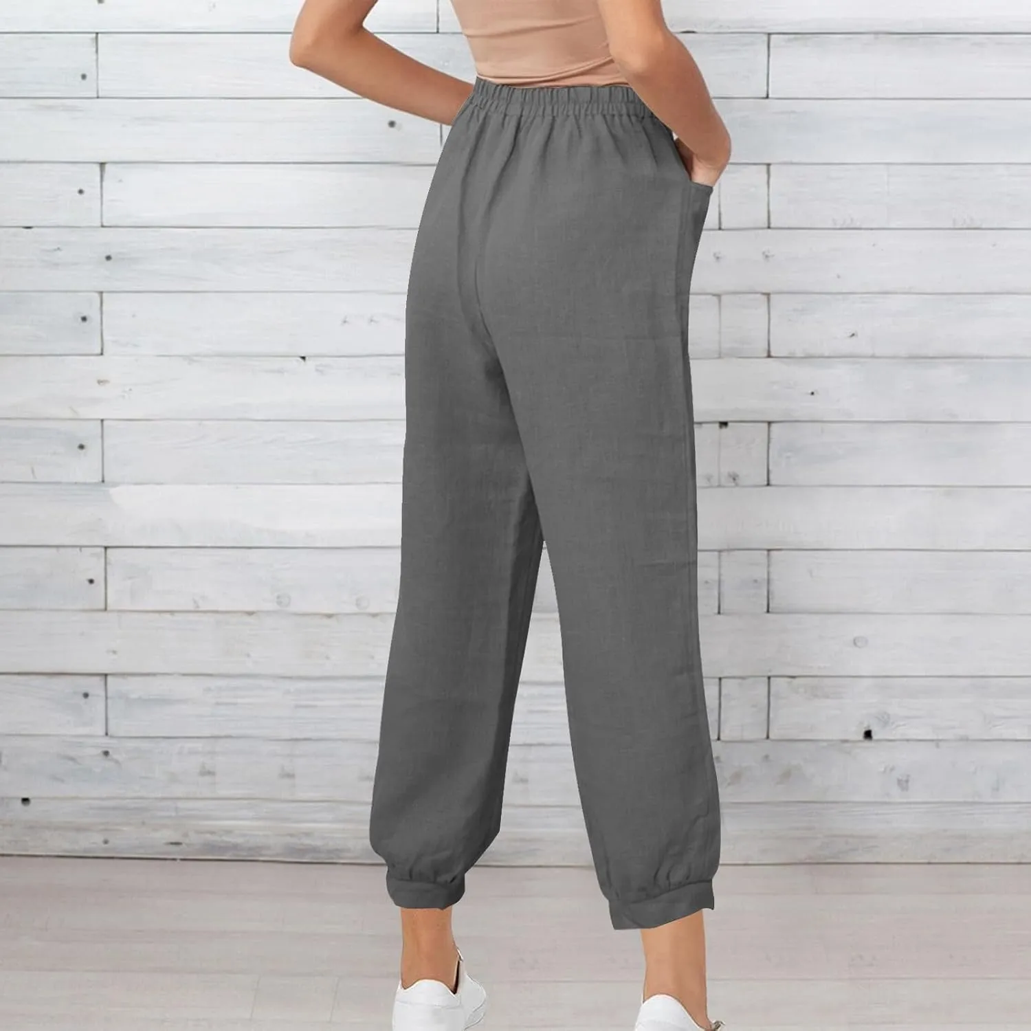 Womens Casual Cotton Linen Pants Lightweight Summer Relax Fit Elastic Waist Solid Color Lounge Trousers with Pockets