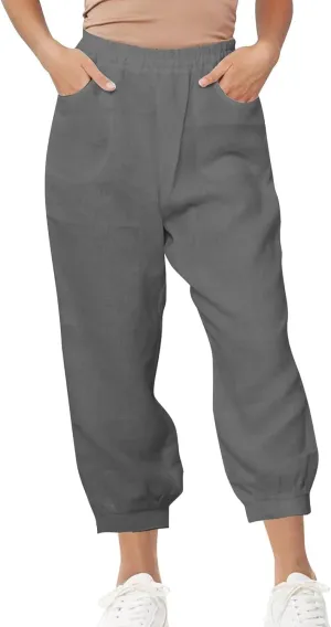 Womens Casual Cotton Linen Pants Lightweight Summer Relax Fit Elastic Waist Solid Color Lounge Trousers with Pockets