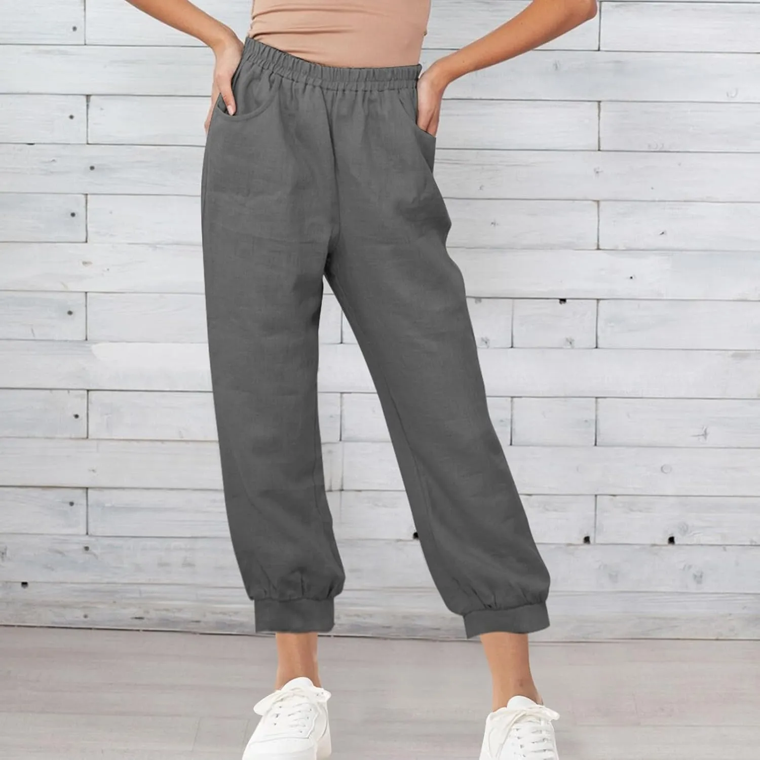 Womens Casual Cotton Linen Pants Lightweight Summer Relax Fit Elastic Waist Solid Color Lounge Trousers with Pockets