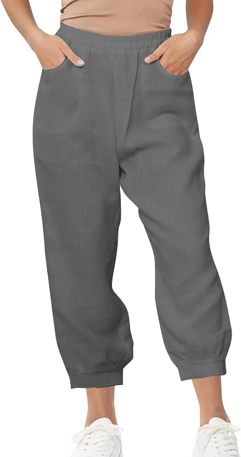 Womens Casual Cotton Linen Pants Lightweight Summer Relax Fit Elastic Waist Solid Color Lounge Trousers with Pockets
