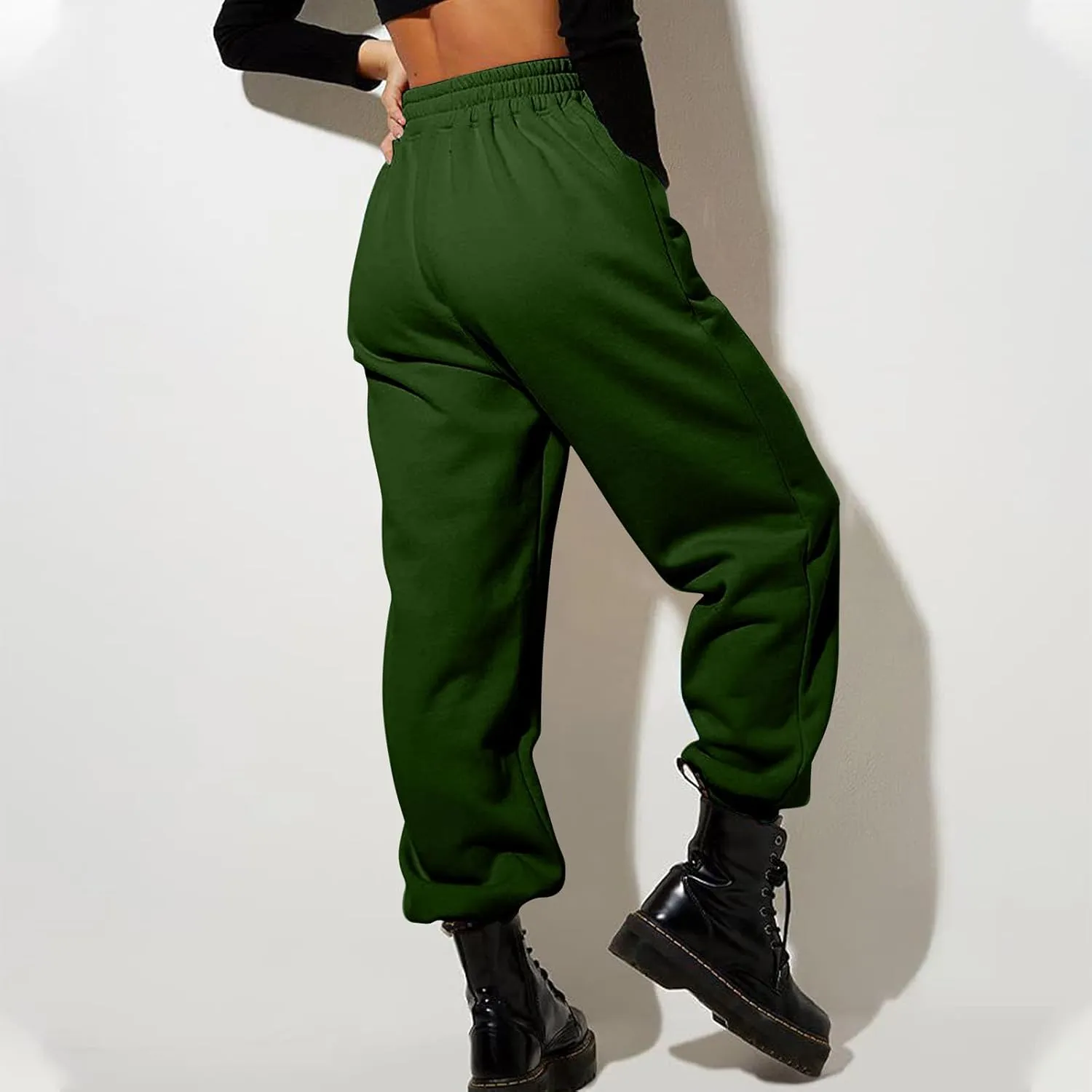 Womens Casual High Waist Trousers Elastic Waist Drawstring Long Pants Solid Color Sweatpants with Multi-Pockets