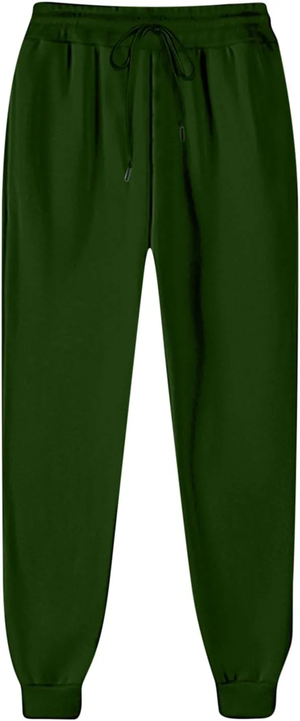 Womens Casual High Waist Trousers Elastic Waist Drawstring Long Pants Solid Color Sweatpants with Multi-Pockets