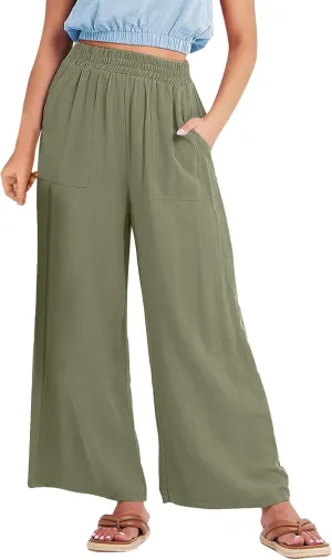Womens Casual Linen Pants, Lightweight Elastic Waist Palazzo Trousers Baggy Wide Leg Summer Beach Slack with Pockets