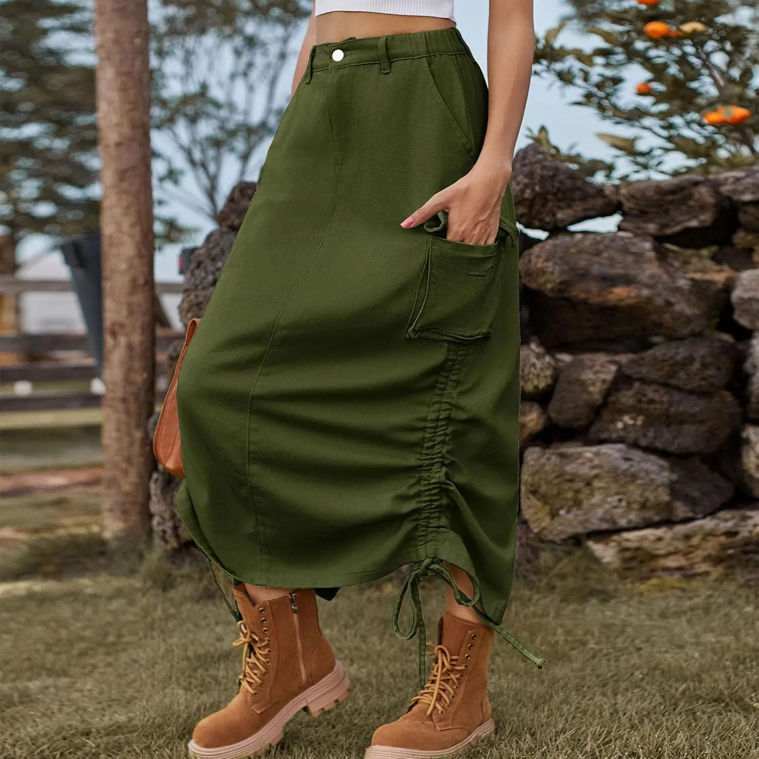 Womens Casual Long Denim Skirt Button High Waist Adjustable Strap Split Baggy Military Combat Cargo Midi Jean Skirt