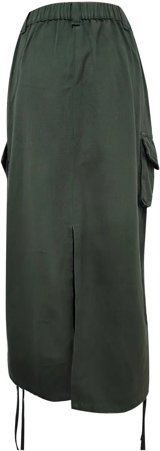 Womens Casual Long Denim Skirt Button High Waist Adjustable Strap Split Baggy Military Combat Cargo Midi Jean Skirt