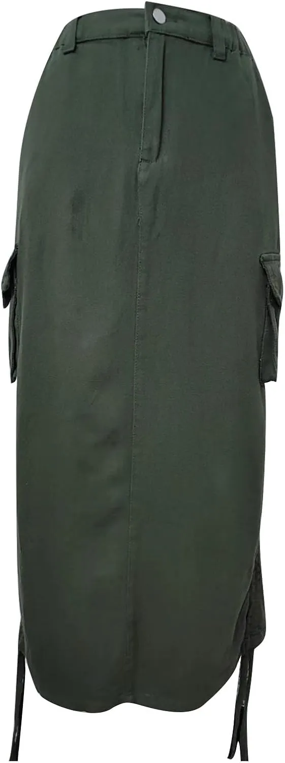Womens Casual Long Denim Skirt Button High Waist Adjustable Strap Split Baggy Military Combat Cargo Midi Jean Skirt