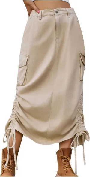 Womens Casual Long Denim Skirt Button High Waist Adjustable Strap Split Baggy Military Combat Cargo Midi Jean Skirt