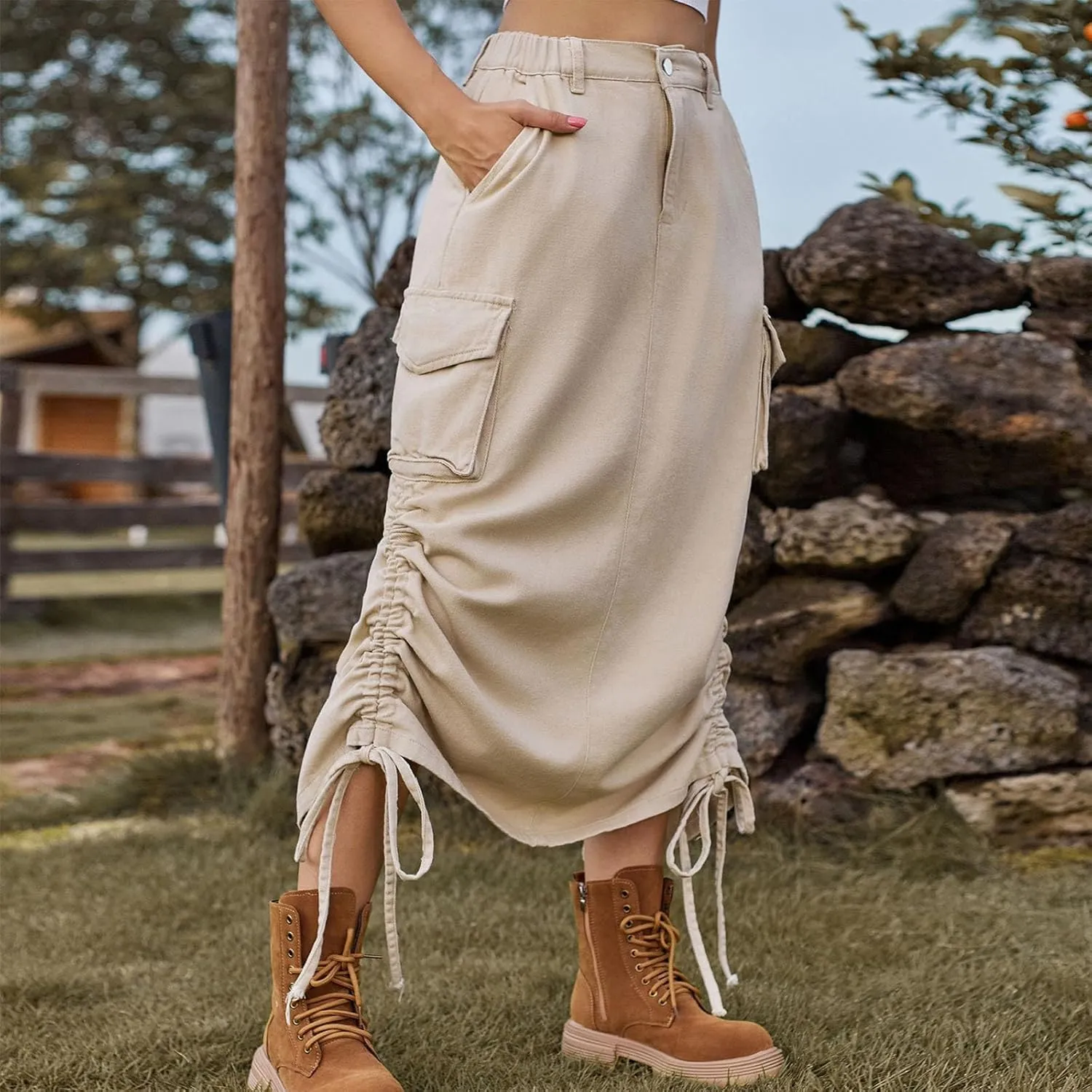 Womens Casual Long Denim Skirt Button High Waist Adjustable Strap Split Baggy Military Combat Cargo Midi Jean Skirt