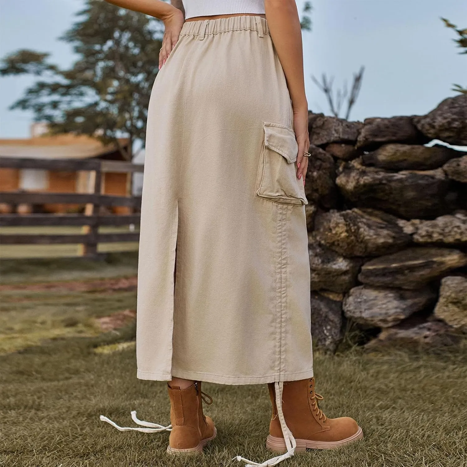 Womens Casual Long Denim Skirt Button High Waist Adjustable Strap Split Baggy Military Combat Cargo Midi Jean Skirt