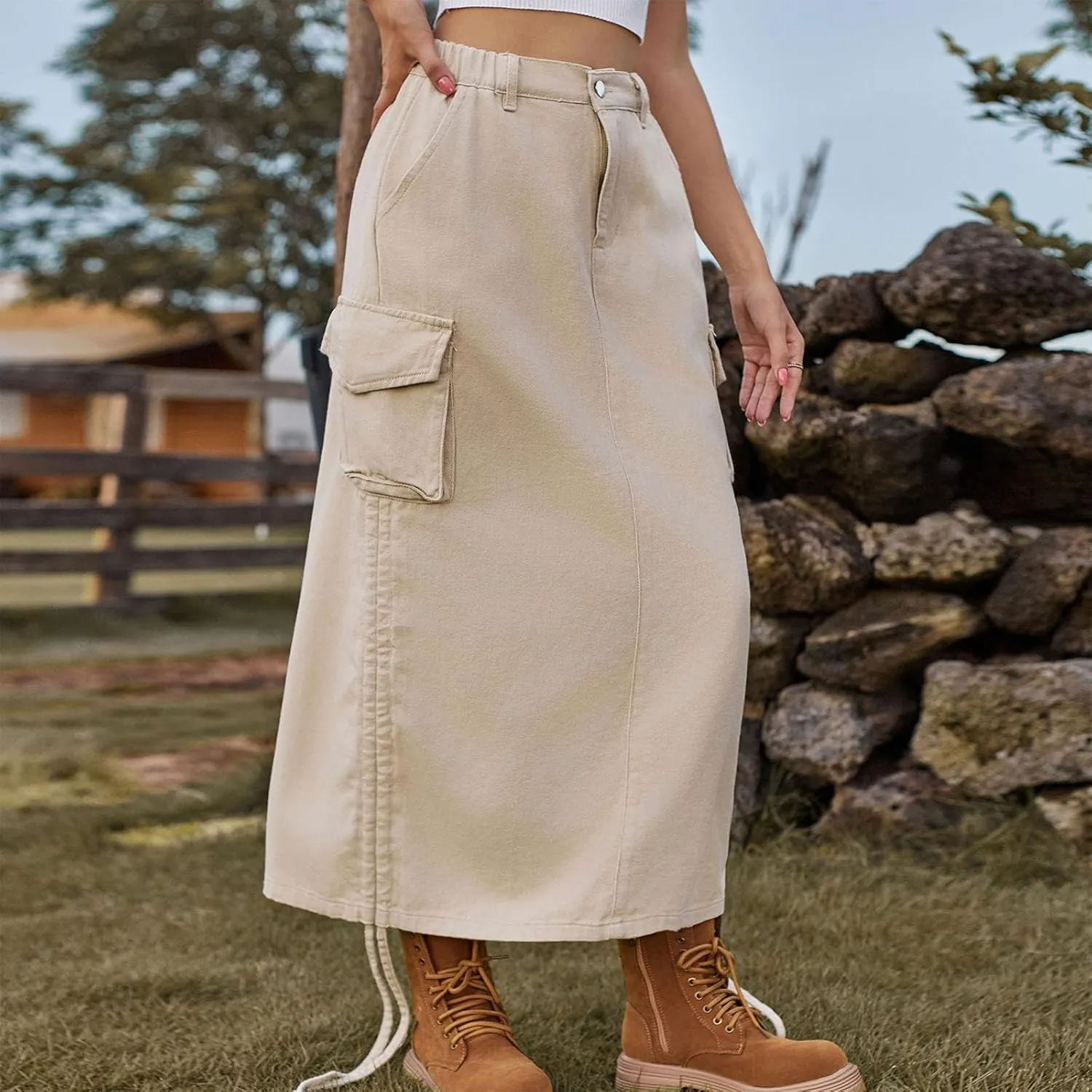 Womens Casual Long Denim Skirt Button High Waist Adjustable Strap Split Baggy Military Combat Cargo Midi Jean Skirt