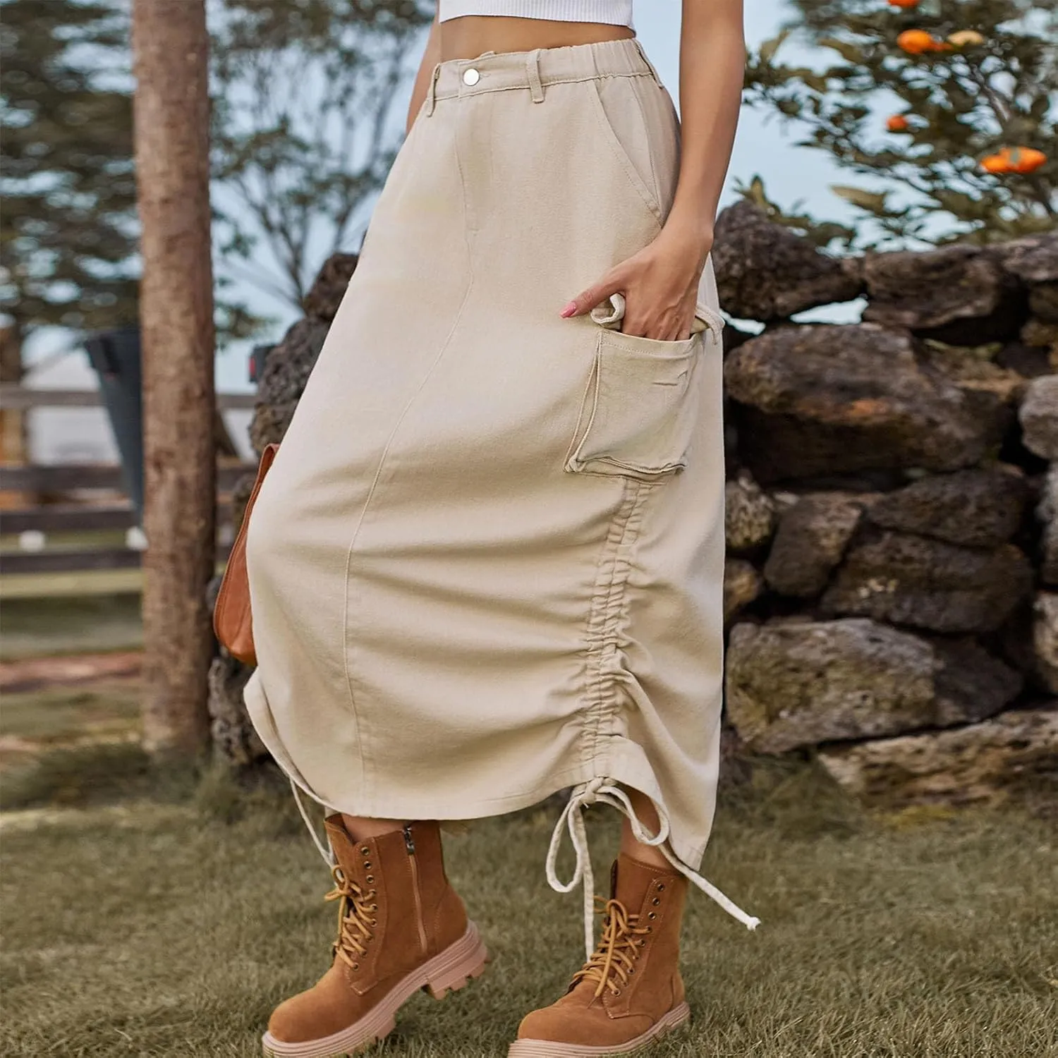 Womens Casual Long Denim Skirt Button High Waist Adjustable Strap Split Baggy Military Combat Cargo Midi Jean Skirt