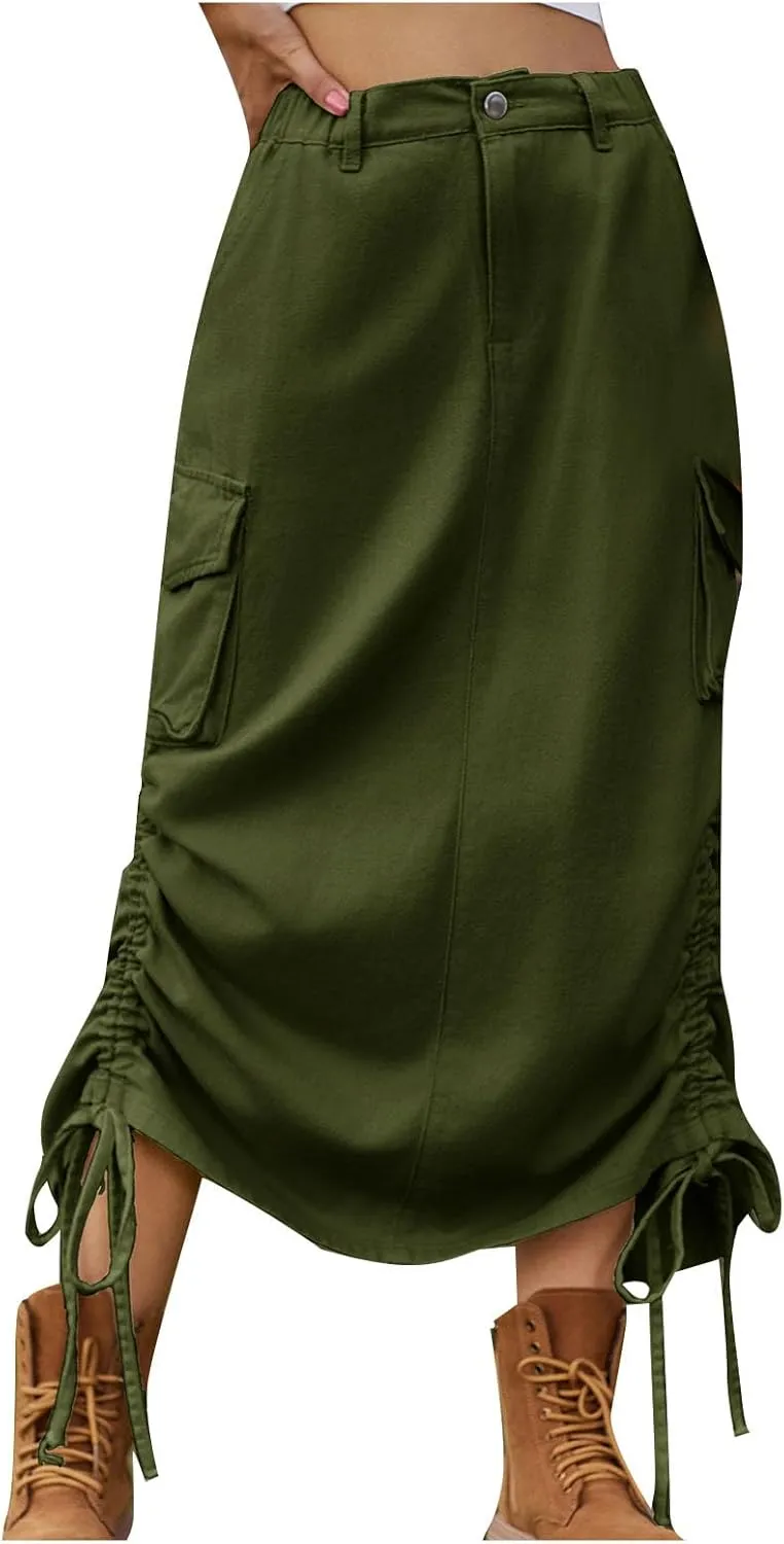 Womens Casual Long Denim Skirt Button High Waist Adjustable Strap Split Baggy Military Combat Cargo Midi Jean Skirt
