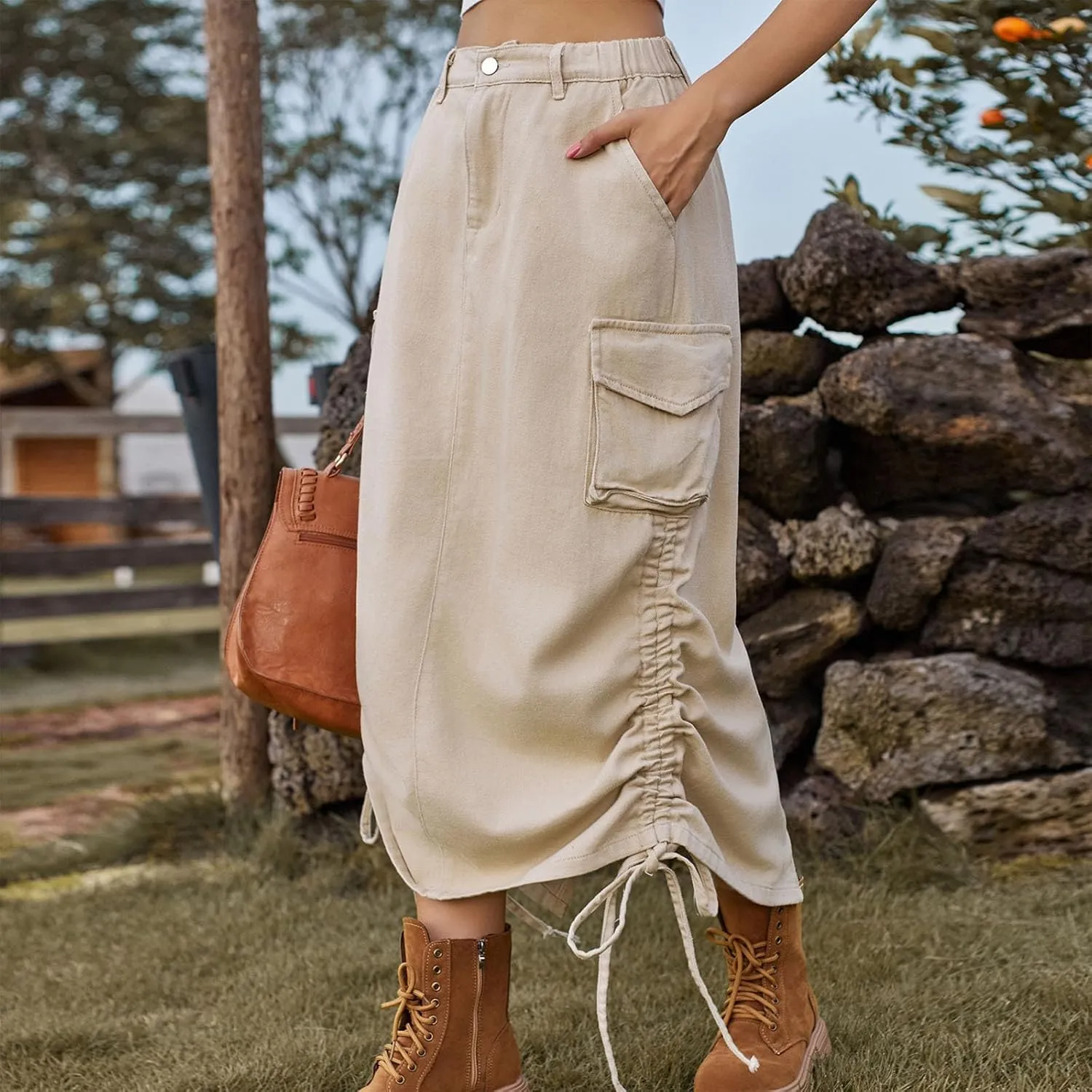 Womens Casual Long Denim Skirt Button High Waist Adjustable Strap Split Baggy Military Combat Cargo Midi Jean Skirt