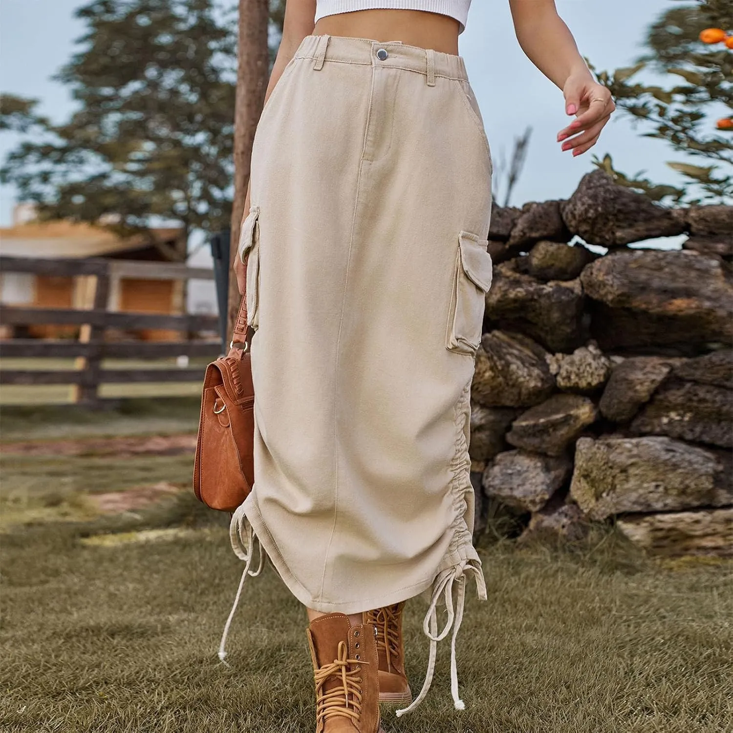 Womens Casual Long Denim Skirt Button High Waist Adjustable Strap Split Baggy Military Combat Cargo Midi Jean Skirt