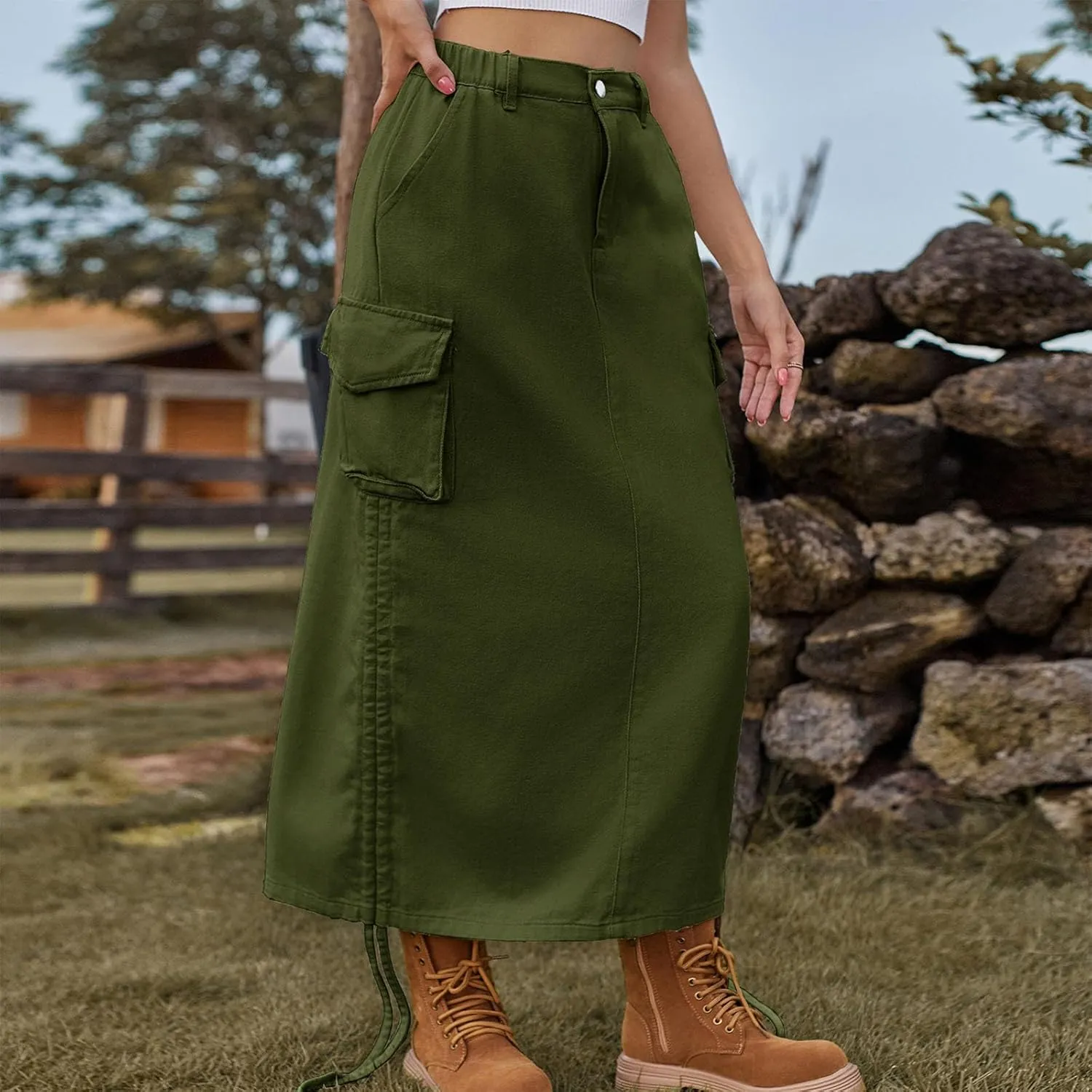 Womens Casual Long Denim Skirt Button High Waist Adjustable Strap Split Baggy Military Combat Cargo Midi Jean Skirt