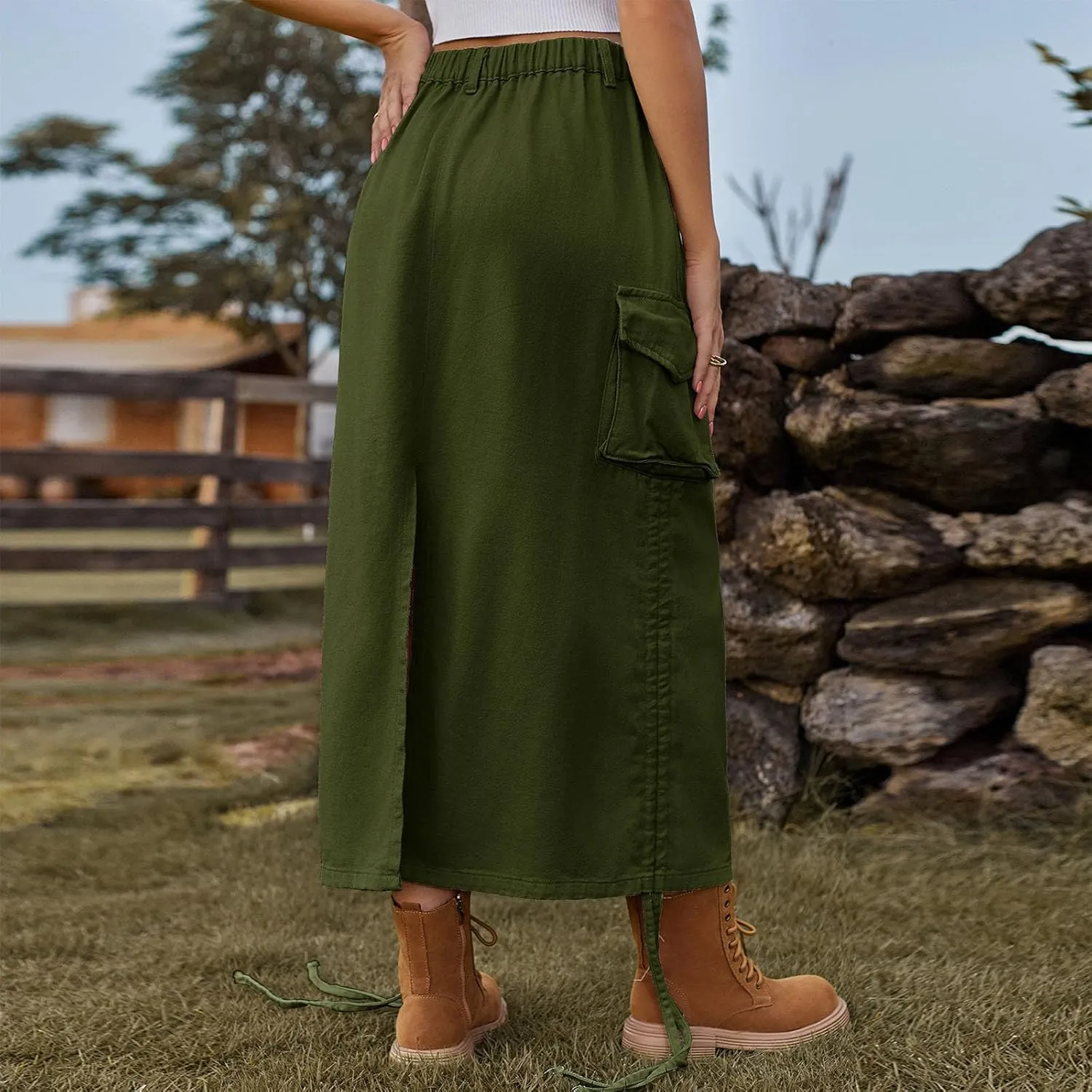 Womens Casual Long Denim Skirt Button High Waist Adjustable Strap Split Baggy Military Combat Cargo Midi Jean Skirt