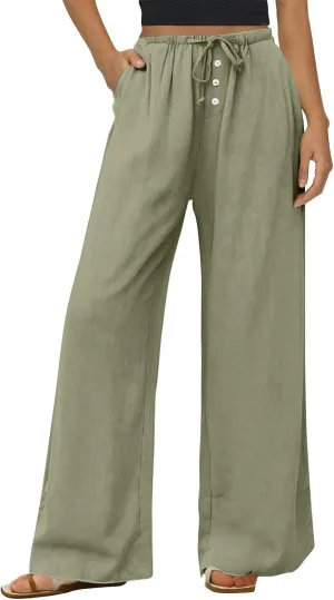 Womens Casual Pants Wide Leg Linen High Waisted Summer Fashion Comfy Pants Elastic Button Up Pockets Solid 2025 Outfit