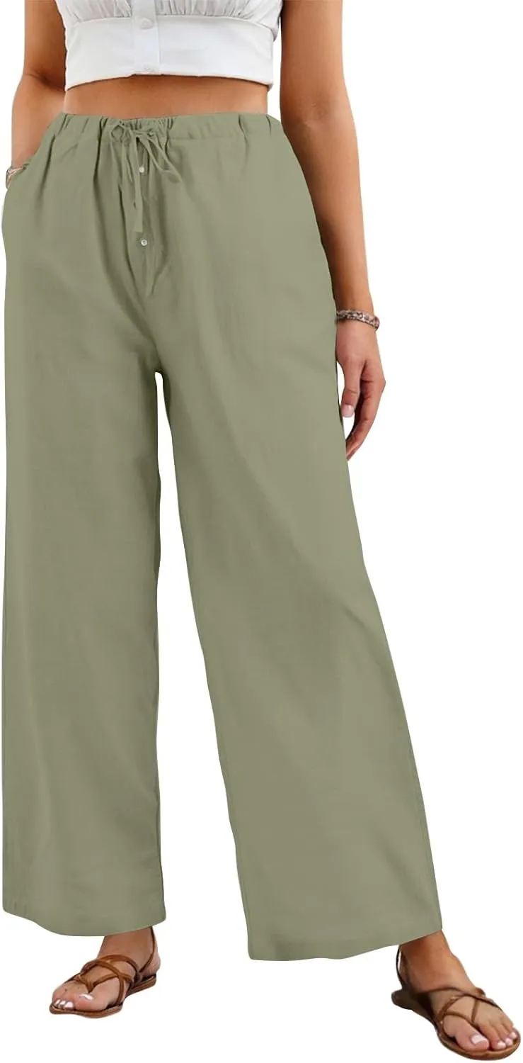 Womens Casual Pants Wide Leg Linen High Waisted Summer Fashion Comfy Pants Elastic Button Up Pockets Solid 2025 Outfit