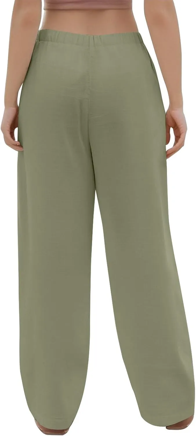 Womens Casual Pants Wide Leg Linen High Waisted Summer Fashion Comfy Pants Elastic Button Up Pockets Solid 2025 Outfit