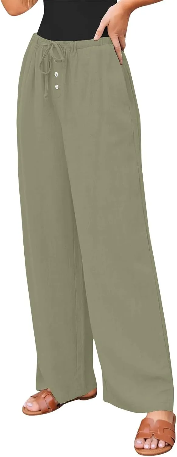 Womens Casual Pants Wide Leg Linen High Waisted Summer Fashion Comfy Pants Elastic Button Up Pockets Solid 2025 Outfit