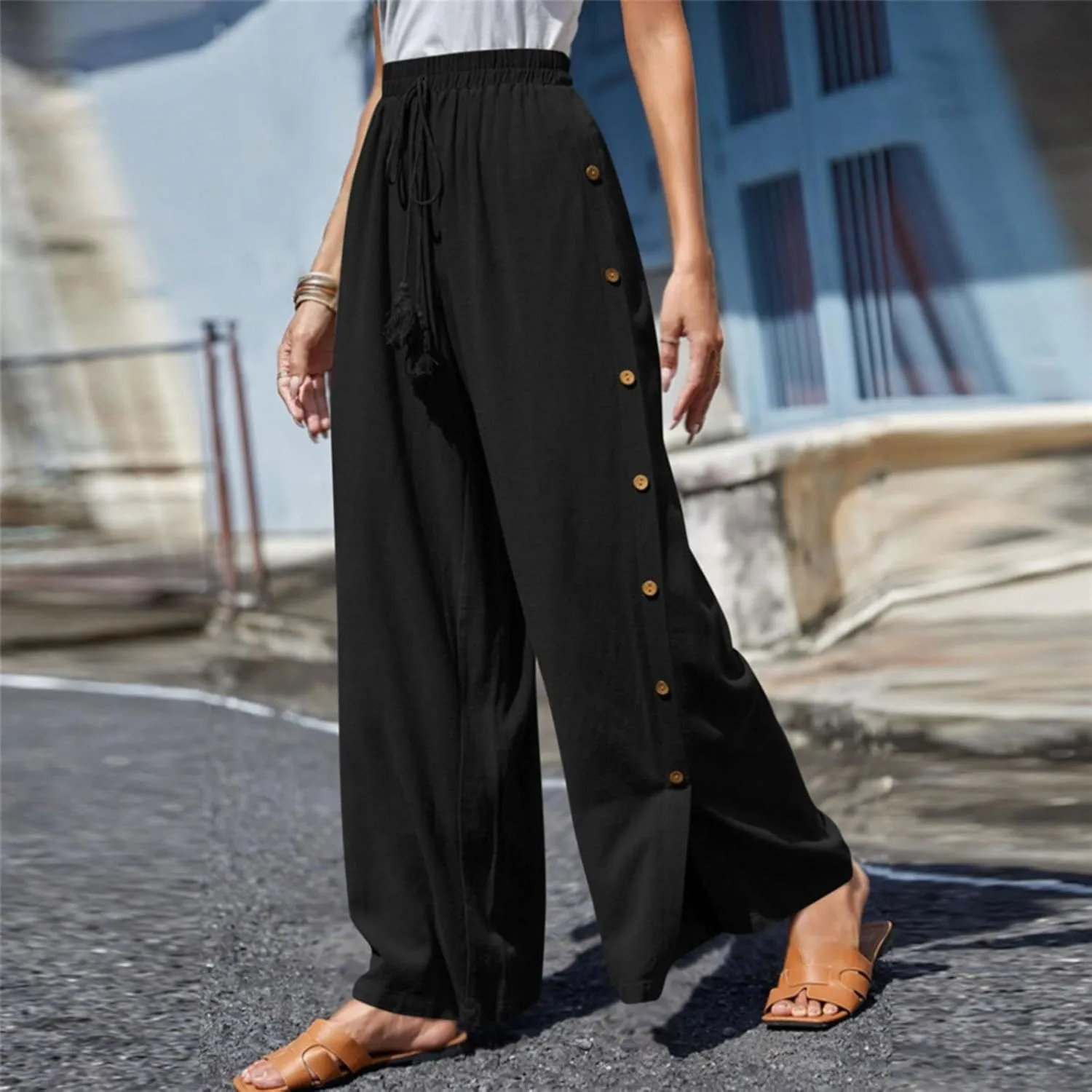 Women's Casual Solid Side Split Palazzo Pants Loose Elastic High Waist Tie Drawstring Wide Leg Flowy Lounge Bottoms Trousers