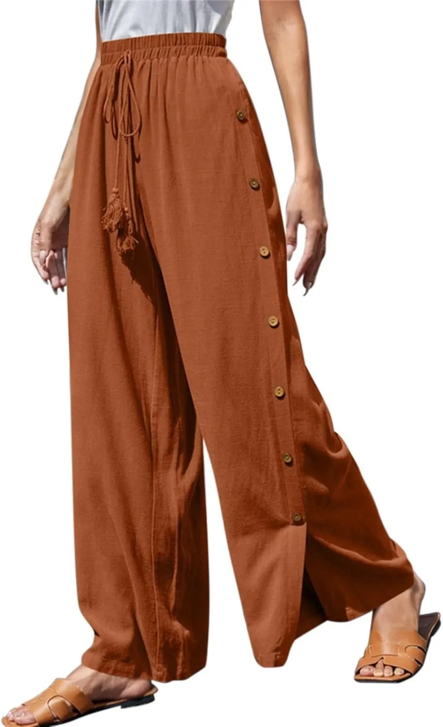 Women's Casual Solid Side Split Palazzo Pants Loose Elastic High Waist Tie Drawstring Wide Leg Flowy Lounge Bottoms Trousers