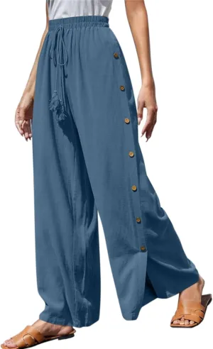 Women's Casual Solid Side Split Palazzo Pants Loose Elastic High Waist Tie Drawstring Wide Leg Flowy Lounge Bottoms Trousers