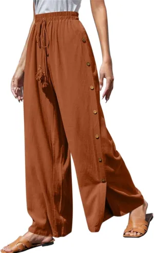 Women's Casual Solid Side Split Palazzo Pants Loose Elastic High Waist Tie Drawstring Wide Leg Flowy Lounge Bottoms Trousers