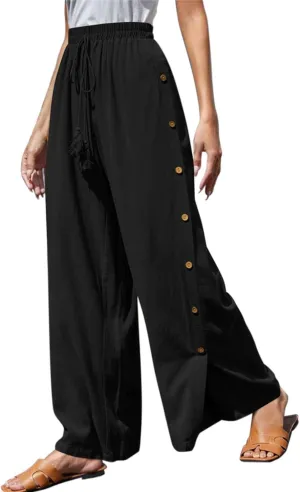 Women's Casual Solid Side Split Palazzo Pants Loose Elastic High Waist Tie Drawstring Wide Leg Flowy Lounge Bottoms Trousers