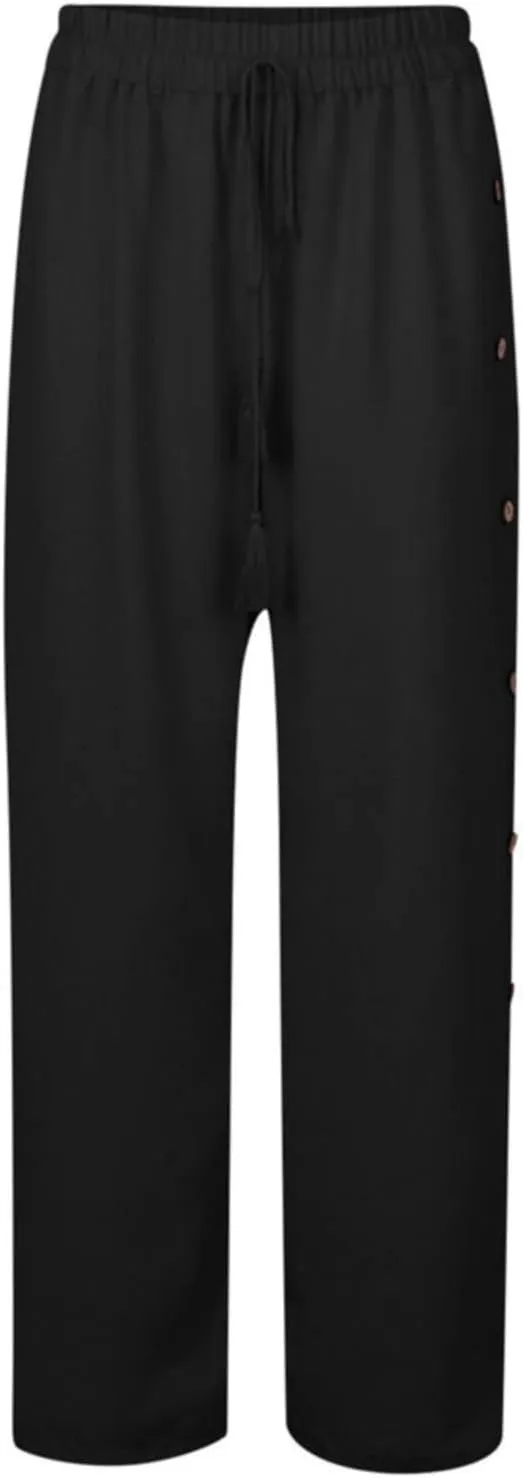Women's Casual Solid Side Split Palazzo Pants Loose Elastic High Waist Tie Drawstring Wide Leg Flowy Lounge Bottoms Trousers
