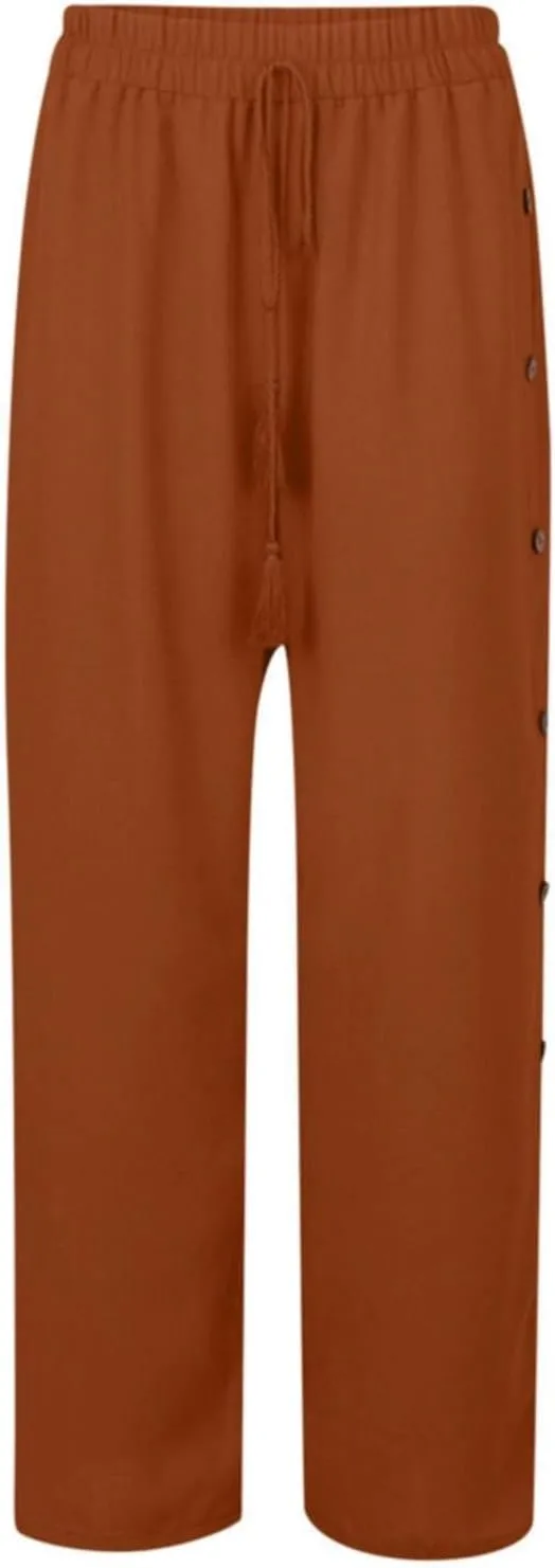 Women's Casual Solid Side Split Palazzo Pants Loose Elastic High Waist Tie Drawstring Wide Leg Flowy Lounge Bottoms Trousers
