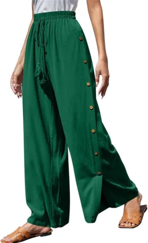 Women's Casual Solid Side Split Palazzo Pants Loose Elastic High Waist Tie Drawstring Wide Leg Flowy Lounge Bottoms Trousers