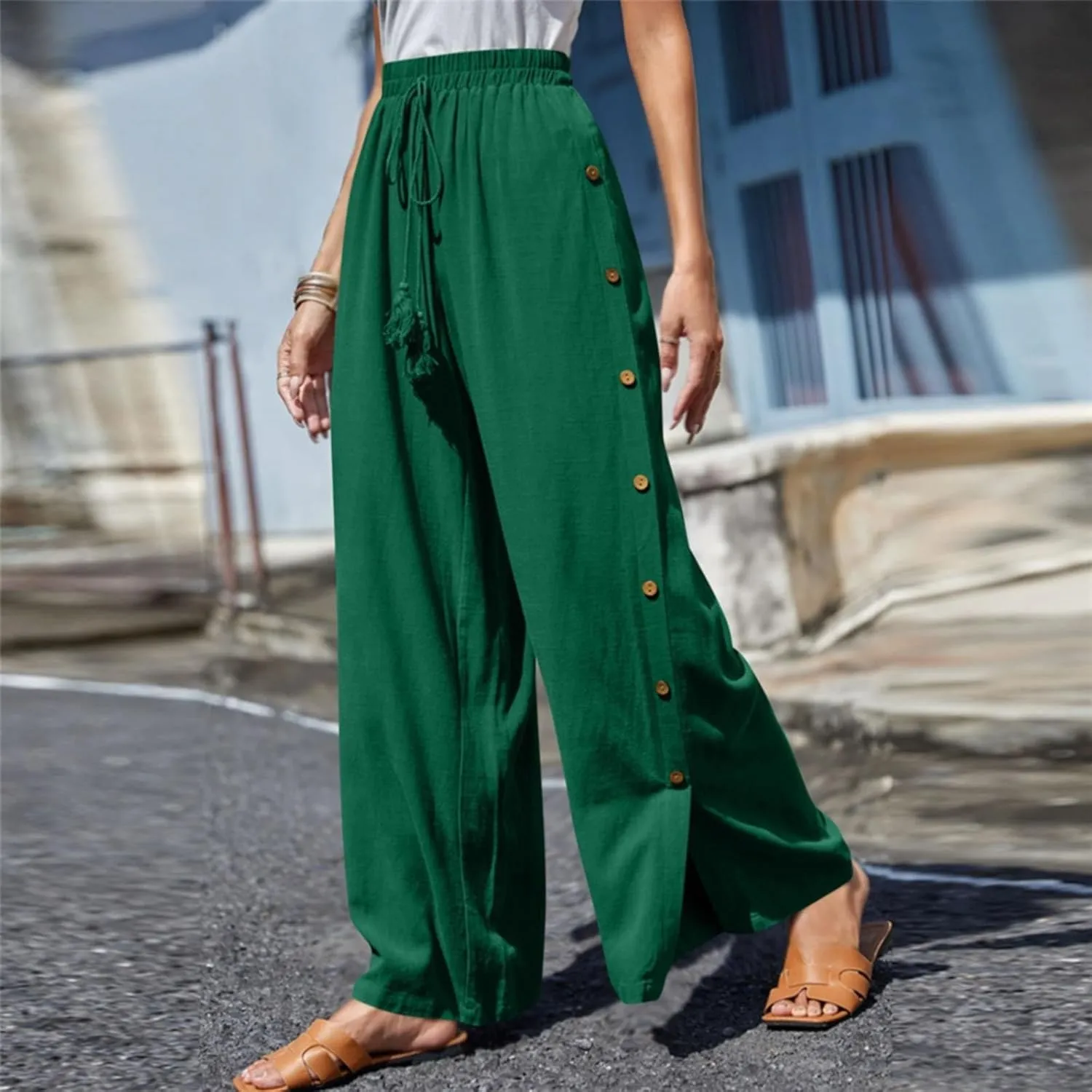 Women's Casual Solid Side Split Palazzo Pants Loose Elastic High Waist Tie Drawstring Wide Leg Flowy Lounge Bottoms Trousers