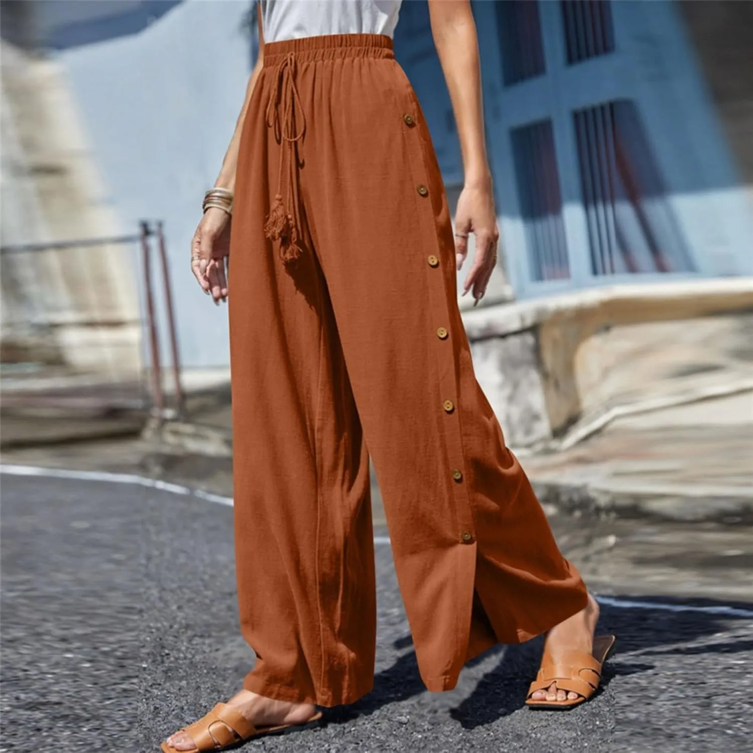 Women's Casual Solid Side Split Palazzo Pants Loose Elastic High Waist Tie Drawstring Wide Leg Flowy Lounge Bottoms Trousers