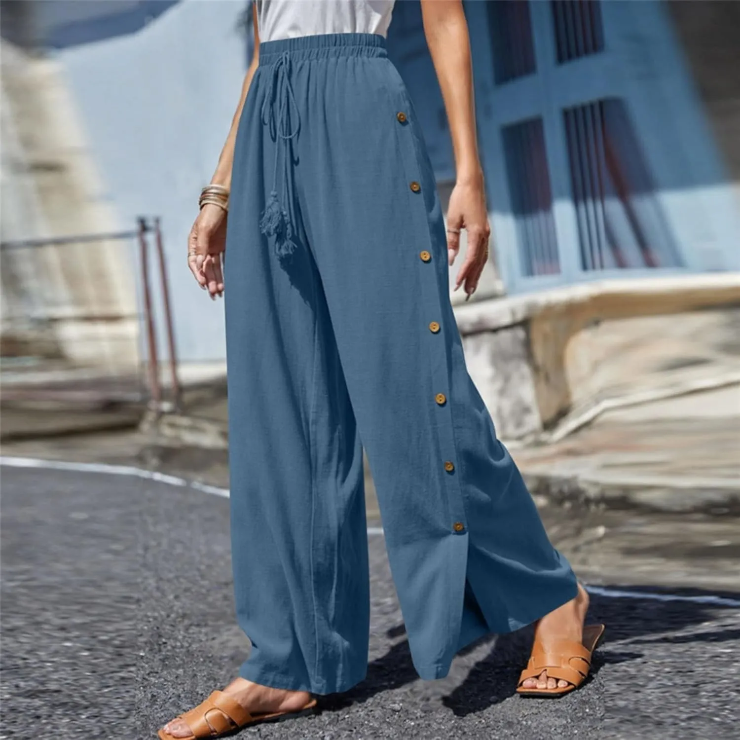 Women's Casual Solid Side Split Palazzo Pants Loose Elastic High Waist Tie Drawstring Wide Leg Flowy Lounge Bottoms Trousers