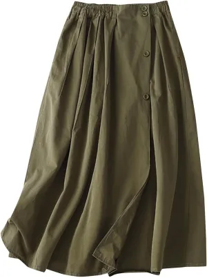 Women's Cotton Linen Elastic High Waisted Button Down Skirt Casual Loose Comfy A-Line Pleated Flowy Midi Long Skirts