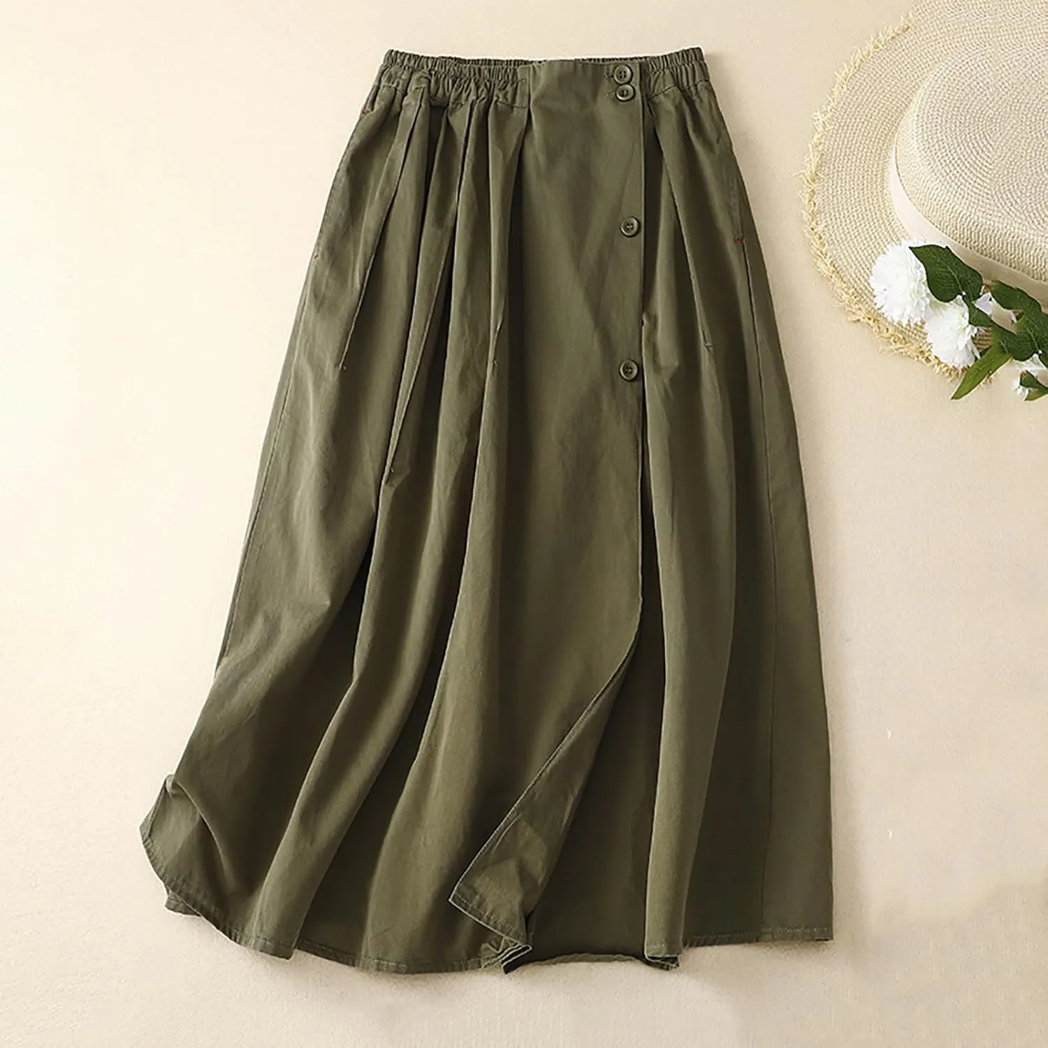 Women's Cotton Linen Elastic High Waisted Button Down Skirt Casual Loose Comfy A-Line Pleated Flowy Midi Long Skirts