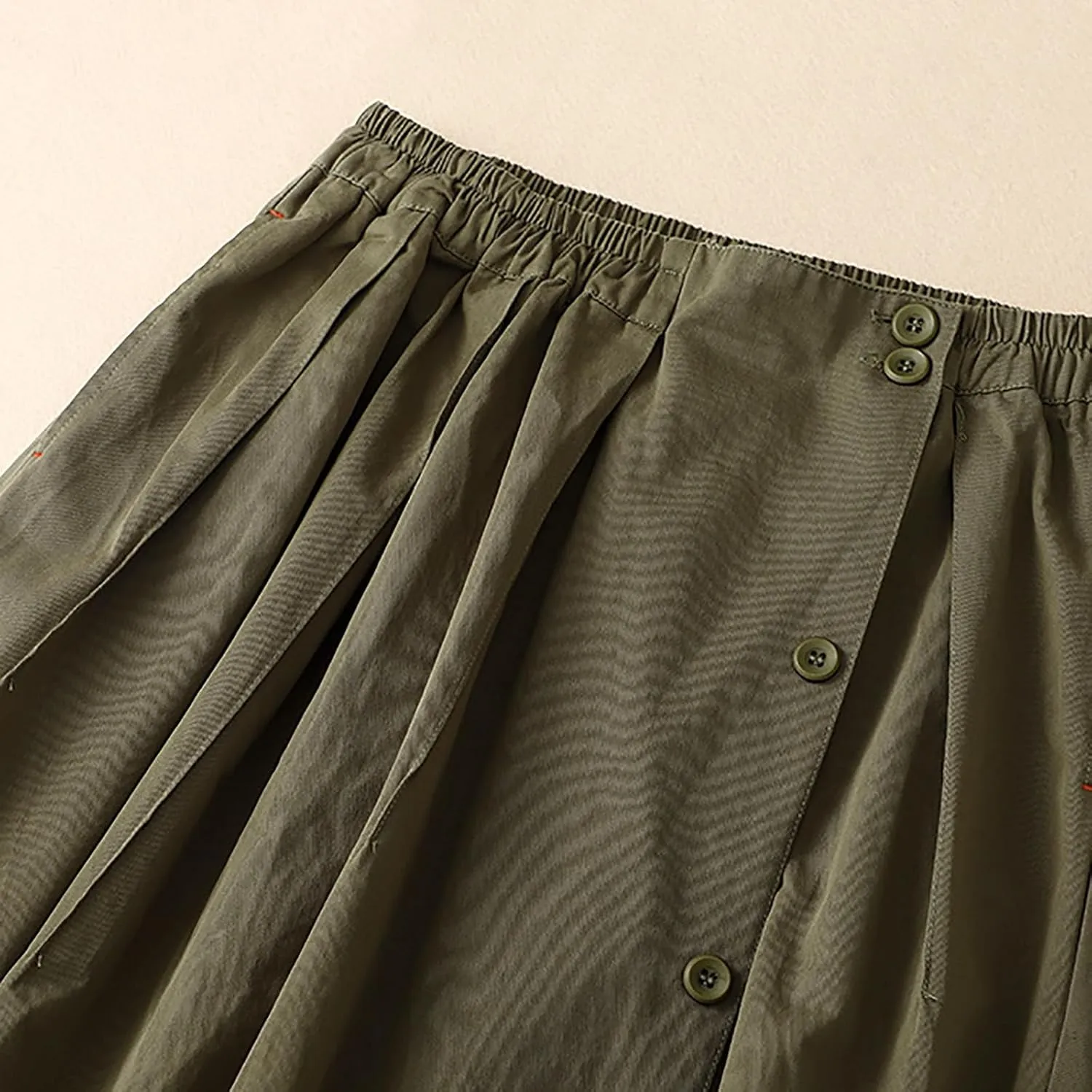 Women's Cotton Linen Elastic High Waisted Button Down Skirt Casual Loose Comfy A-Line Pleated Flowy Midi Long Skirts