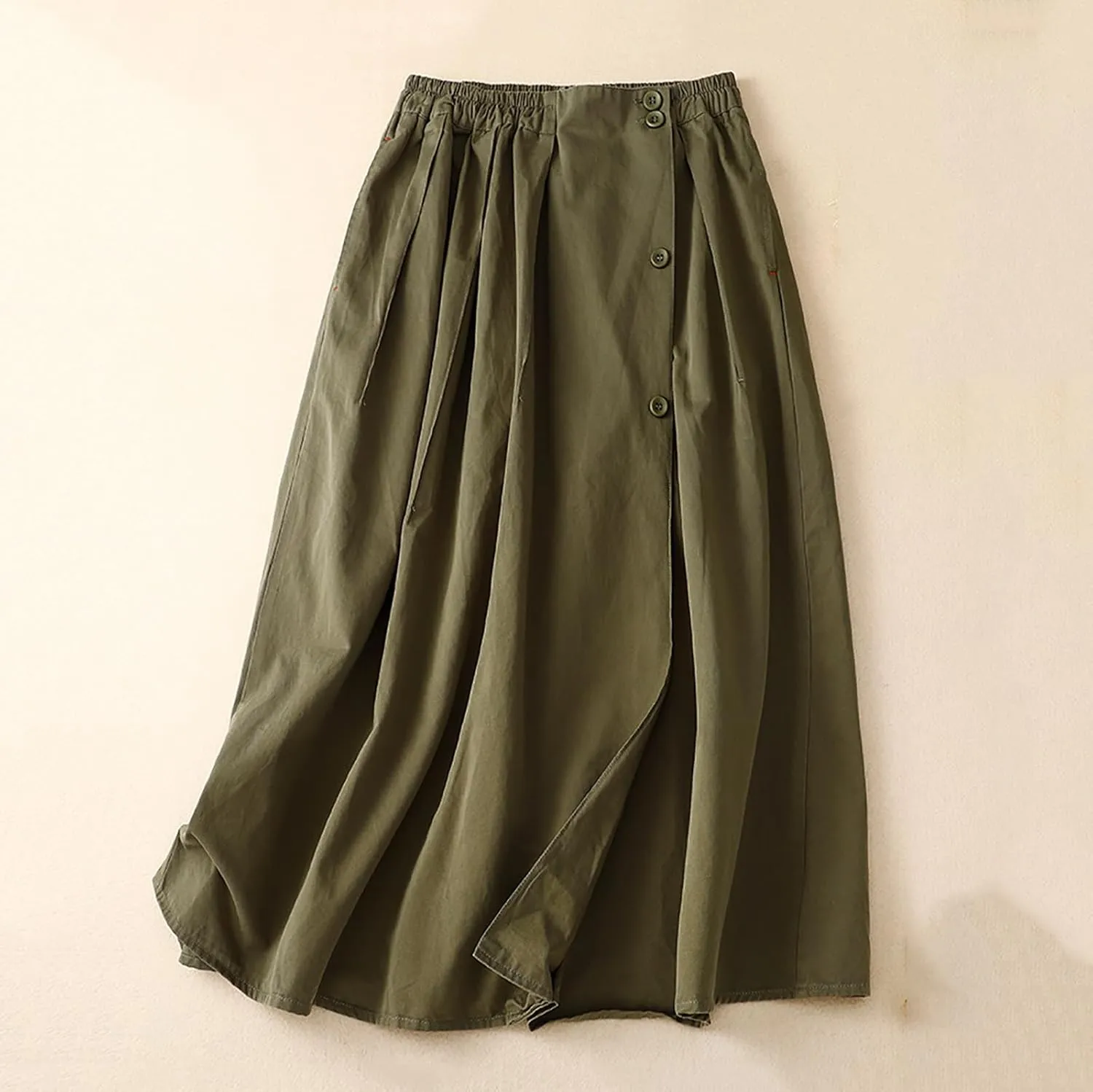 Women's Cotton Linen Elastic High Waisted Button Down Skirt Casual Loose Comfy A-Line Pleated Flowy Midi Long Skirts