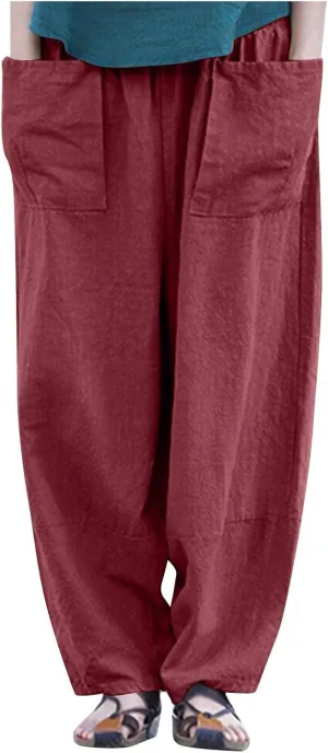 Womens Cotton Linen Harem Pants Casual Loose Fit High Waisted Pants Jogger Trousers Lounge Bottoms Slacks with Pockets