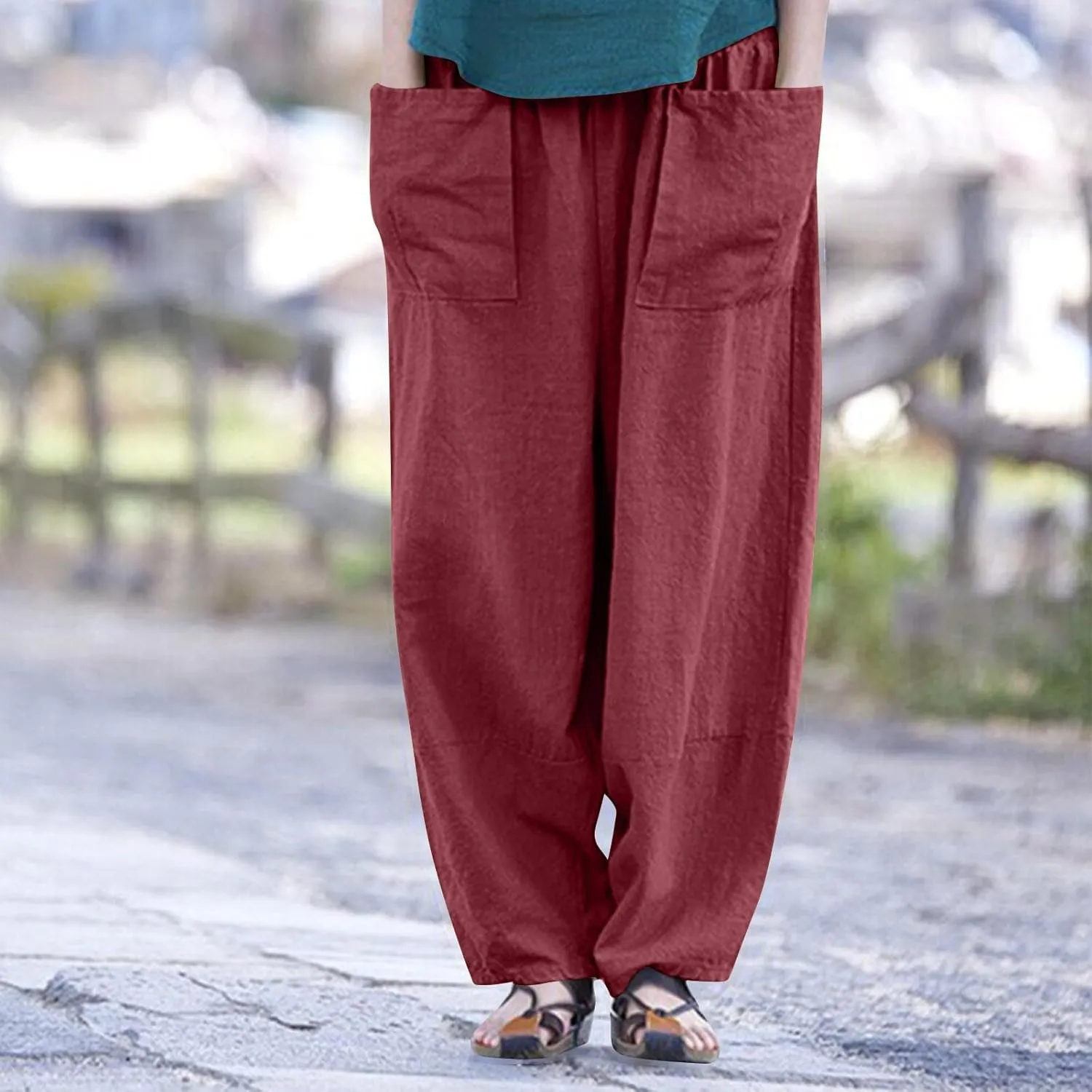 Womens Cotton Linen Harem Pants Casual Loose Fit High Waisted Pants Jogger Trousers Lounge Bottoms Slacks with Pockets