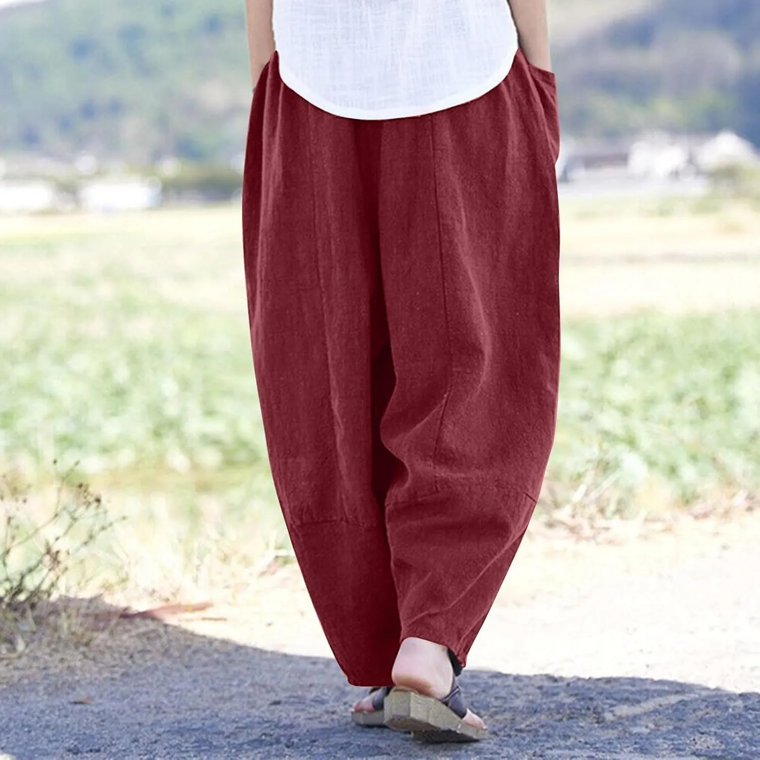 Womens Cotton Linen Harem Pants Casual Loose Fit High Waisted Pants Jogger Trousers Lounge Bottoms Slacks with Pockets