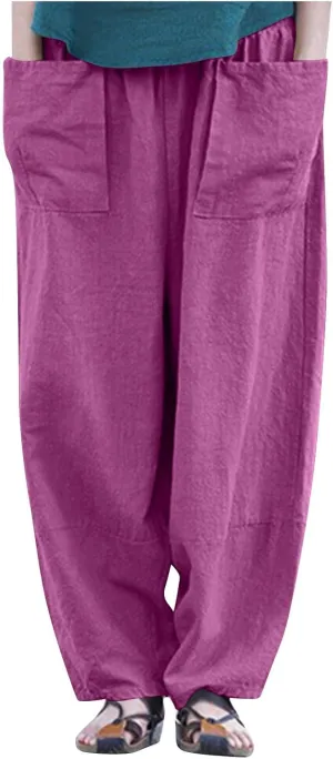 Womens Cotton Linen Harem Pants Casual Loose Fit High Waisted Pants Jogger Trousers Lounge Bottoms Slacks with Pockets