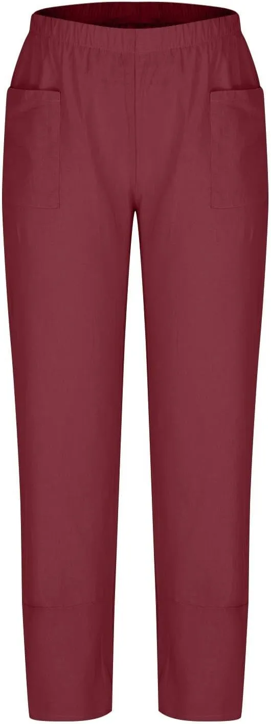 Womens Cotton Linen Harem Pants Casual Loose Fit High Waisted Pants Jogger Trousers Lounge Bottoms Slacks with Pockets
