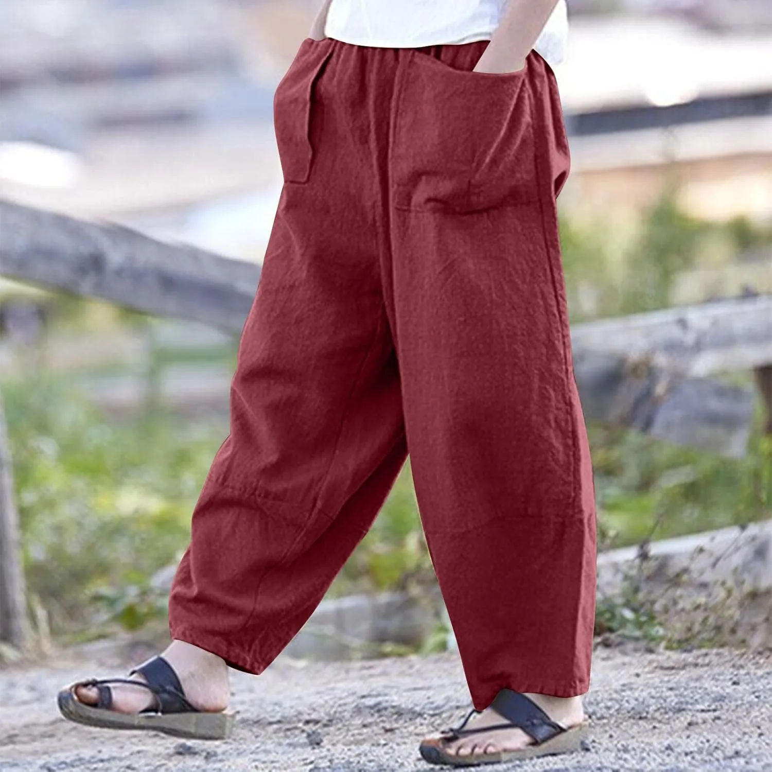 Womens Cotton Linen Harem Pants Casual Loose Fit High Waisted Pants Jogger Trousers Lounge Bottoms Slacks with Pockets