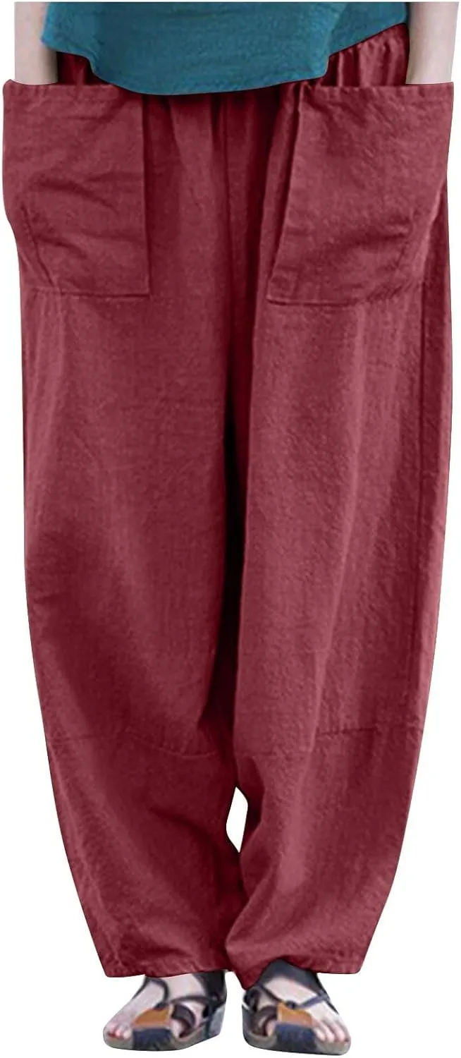 Womens Cotton Linen Harem Pants Casual Loose Fit High Waisted Pants Jogger Trousers Lounge Bottoms Slacks with Pockets