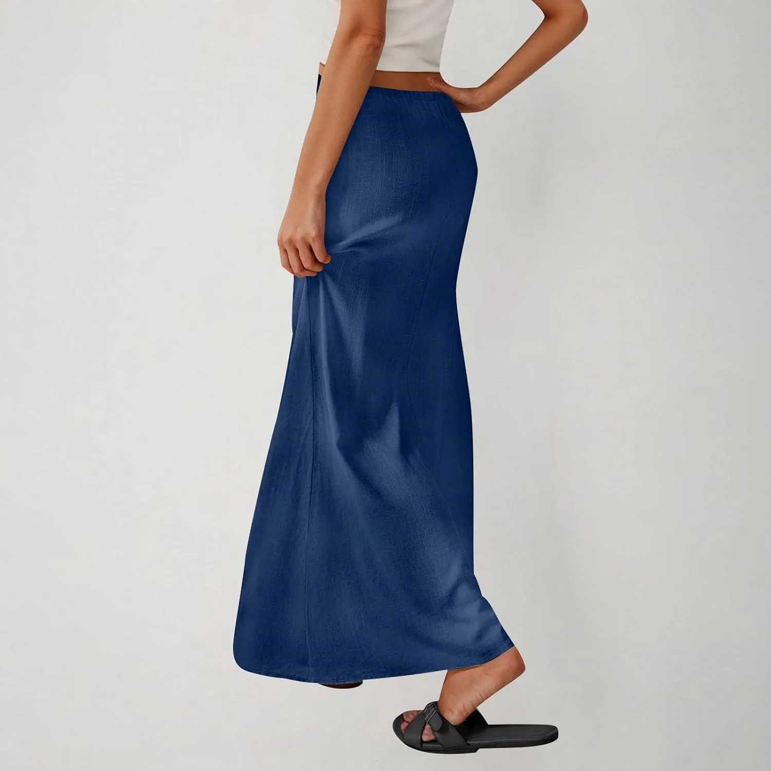 Women's Cotton Linen Skirts Summer Solid Color Elastic Waist Drawstring Skirt Casual Summer Flowy Ankle Length Skirt